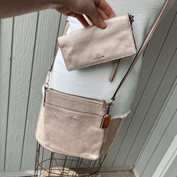 Coach Gold Pebbled Leather Crossbody & Matching Wallet, Retired Set - Picture 1 of 16